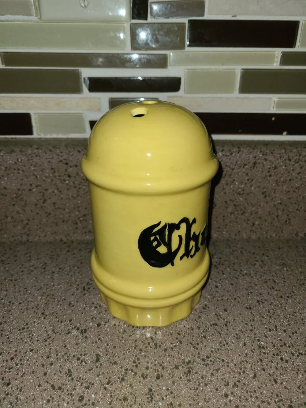 Vintage Ceramic Parmesan Cheese Shaker Yellow Black Mid Century Modern Signed MB